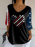 Damen Tag der Unabhängigkeit (Flagge) Dreiviertelärmel T-Shirts T-Shirt V-Ausschnitt Print Lässig Frühling/Herbst Oberteile