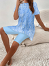Damen Abstrakt Print Zweiteiliges Set Täglich Kurzarm Lässig Sommer Bluse mit Hose Matching Set