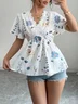 Damen Unifarben Kurzarm T-Shirts T-Shirt V-Ausschnitt Stickerei Lässig Sommer Tunika Oberteile