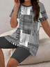 Damen Abstrakt Print Zweiteiliges Set Täglich Kurzarm Lässig Sommer Bluse mit Hose Matching Set