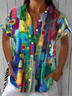 Damen Abstrakt Kurzarm Bluse Sommer Print Hemdkragen Täglich Lässig Oberteile