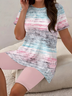 Damen abstrakte Streifen Print Zweiteiliges Set Täglich Kurzarm Lässig Sommer Bluse mit Hose Matching Set