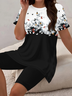 Damen Geblümt Print Zweiteiliges Set Täglich Kurzarm Lässig Sommer Bluse mit Hose Matching Set