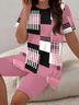Damen abstrakte Streifen Print Zweiteiliges Set Täglich Kurzarm Lässig Sommer Bluse mit Hose Matching Set