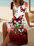 Damen Geblümt Kurzarm Sommer Print Kleid V-Ausschnitt Täglich Lässig Midi Passen & Flare Kleid A-Linien-Kleid