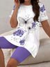 Damen Geblümt Print Zweiteiliges Set Täglich Kurzarm Lässig Sommer Bluse mit Hose Matching Set