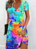 Damen Geblümt Kurzarm Sommer Kleid V-Ausschnitt Täglich Lässig Midi Passen & Flare Kleid A-Linien-Kleid