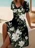 Damen Geblümt Kurzarm Sommer Print Kleid V-Ausschnitt Täglich Lässig Midi Passen & Flare Kleid A-Linien-Kleid