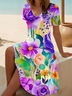 Damen Geblümt Kurzarm Sommer Print Kleid V-Ausschnitt Täglich Lässig Midi Passen & Flare Kleid A-Linien-Kleid