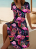 Damen Flamingo Kurzarm Sommer Print Kleid V-Ausschnitt Täglich Lässig Midi Passen & Flare Kleid A-Linien-Kleid