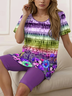 Damen Geblümt Print Zweiteiliges Set Täglich Kurzarm Lässig Sommer Bluse mit Hose Matching Set