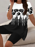 Damen Abstrakt Print Zweiteiliges Set Täglich Kurzarm Lässig Sommer Bluse mit Hose Matching Set
