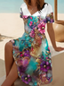 Damen Geblümt Kurzarm Sommer Print Kleid V-Ausschnitt Täglich Lässig Midi Passen & Flare Kleid A-Linien-Kleid