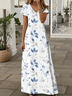 Damen Geblümt Kurzarm Sommer Print Kleid V-Ausschnitt Täglich Lässig Maxikleid X-Linie Kleid