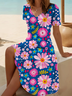 Damen Geblümt Kurzarm Sommer Print Kleid V-Ausschnitt Täglich Lässig Midi Passen & Flare Kleid A-Linien-Kleid
