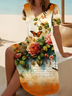 Damen Geblümt Kurzarm Sommer Print Kleid V-Ausschnitt Täglich Lässig Midi Passen & Flare Kleid A-Linien-Kleid