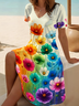 Damen Geblümt Kurzarm Sommer Print Kleid V-Ausschnitt Täglich Lässig Midi Passen & Flare Kleid A-Linien-Kleid