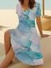 Damen Abstrakt Kurzarm Sommer Print Kleid V-Ausschnitt Täglich Lässig Midi Passen & Flare Kleid A-Linien-Kleid