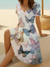 Damen Schmetterling Kurzarm Sommer Print Kleid V-Ausschnitt Täglich Lässig Midi Passen & Flare Kleid A-Linien-Kleid
