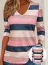 Damen Gestreift Langarm T-Shirts T-Shirt V-Ausschnitt Print Lässig Frühling/Herbst T-Shirt mit Grafik Oberteile
