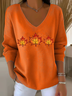 Damen Ahornblatt Langarm T-Shirts T-Shirt V-Ausschnitt Print Lässig Frühling/Herbst Oberteile