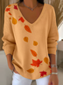 Damen Ahornblatt Langarm T-Shirts T-Shirt V-Ausschnitt Print Lässig Frühling/Herbst Oberteile