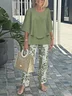 Damen Gestreift Bell-Ärmel Zweiteiliges Set Urlaub Dreiviertelärmel Retro Frühling/Herbst Bluse mit Hose Matching Set