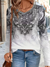 Damen Ethnisch Langarm T-Shirts T-Shirt V-Ausschnitt Print Lässig Frühling/Herbst T-Shirt mit Grafik Oberteile